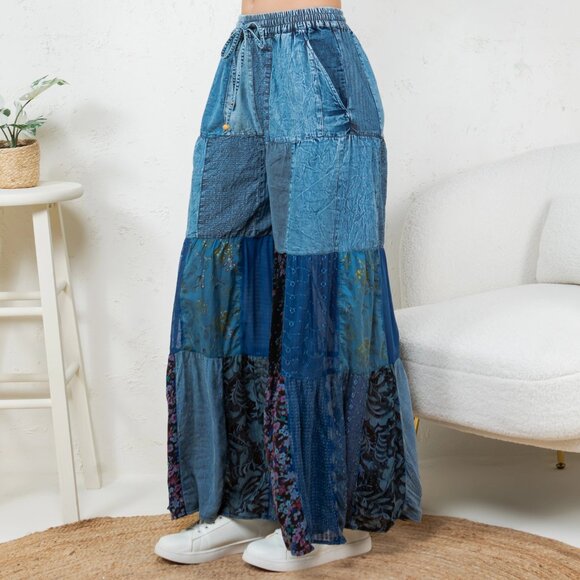 Western Boho Tiered Patchwork Denim Pants NWT Size Large - Picture 2 of 8